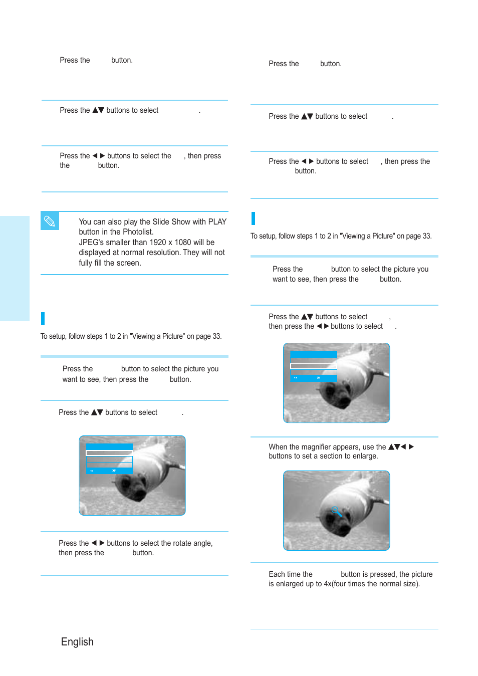 Playback, 34 - english, Zoom | Rotate | Samsung BD-P1200-XAA User Manual | Page 35 / 56