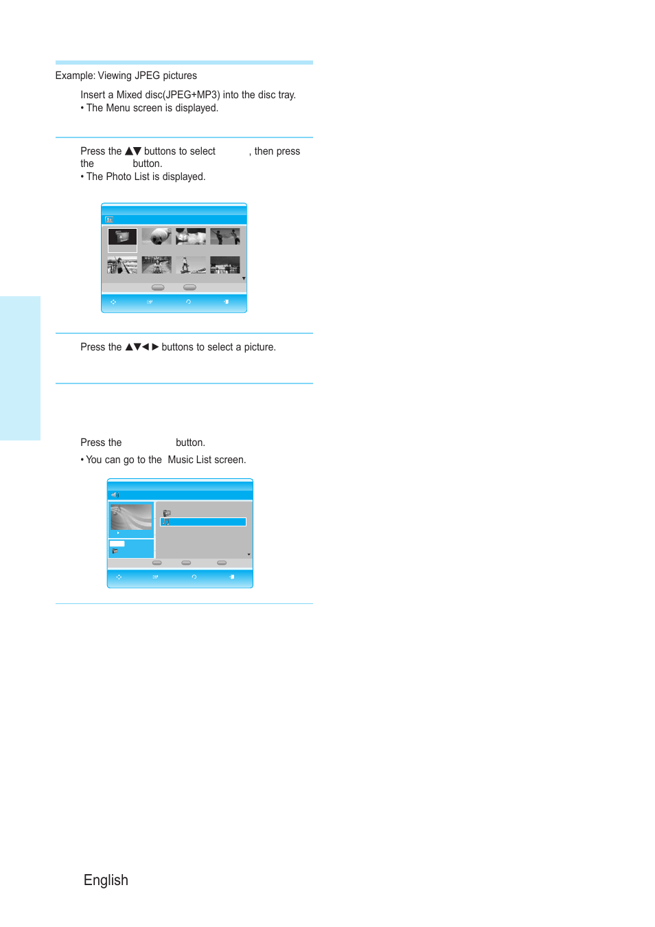 Playback, 36 - english, Example: viewing jpeg pictures | Press the, Buttons to select a picture | Samsung BD-P1200-XAA User Manual | Page 37 / 56