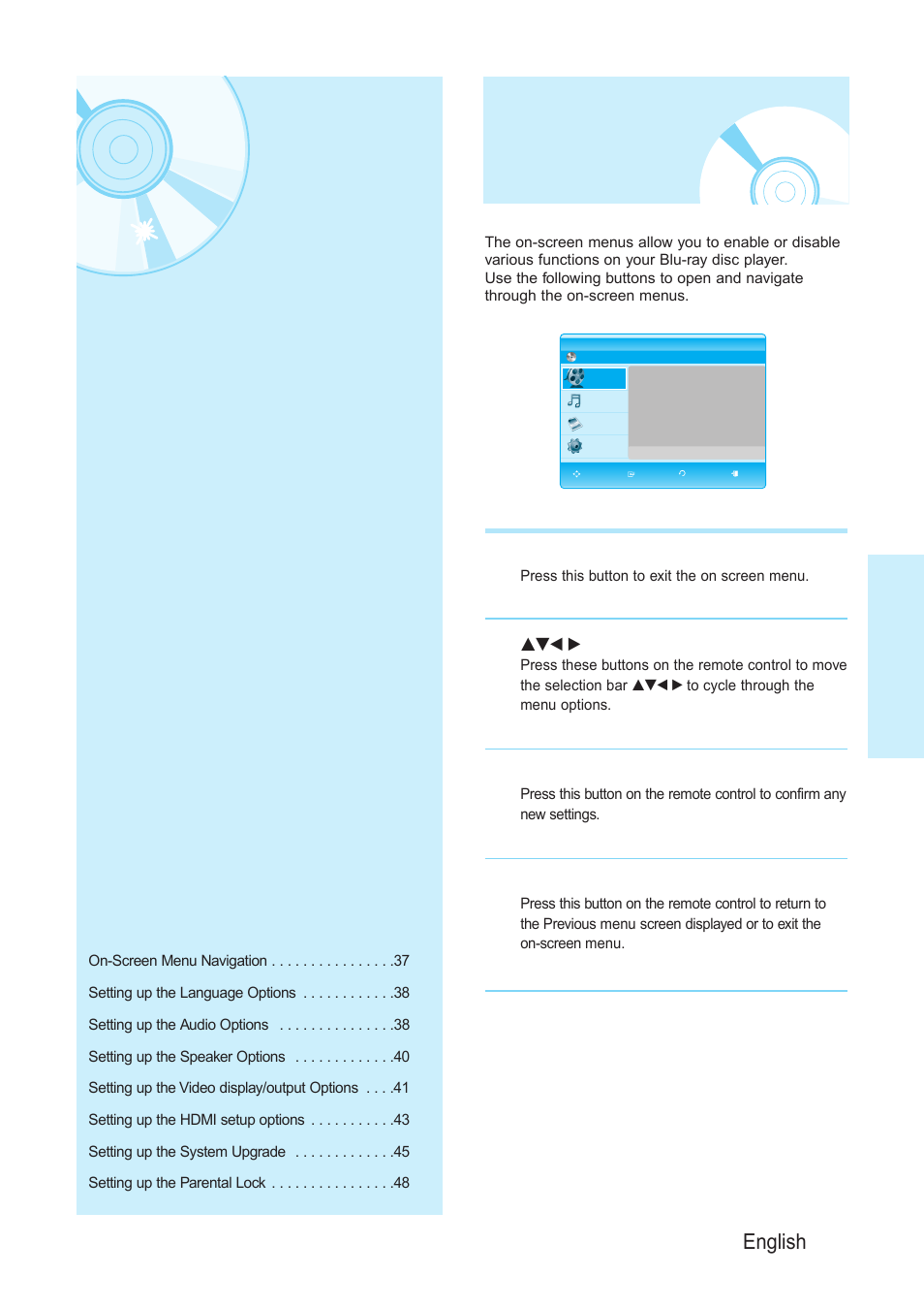 System setup, On-screen menunavigation, On-screen menu navigation | Samsung BD-P1200-XAA User Manual | Page 38 / 56