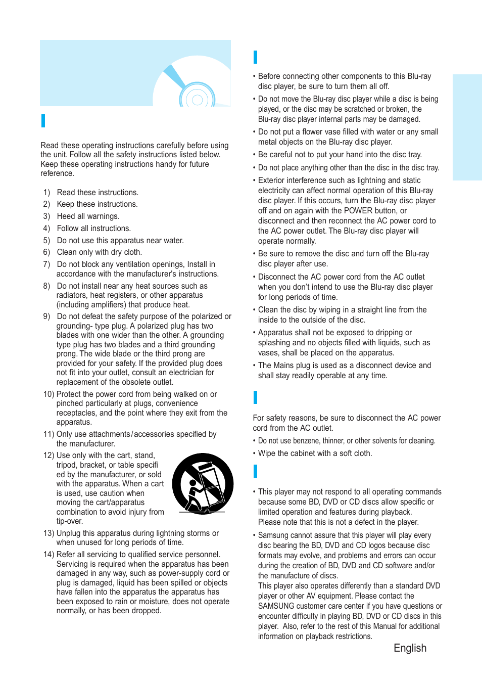 Precautions, Getting started, English - 3 important safety instructions | Handling cautions, Maintenance of cabinet, Restrictions on playback | Samsung BD-P1200-XAA User Manual | Page 4 / 56