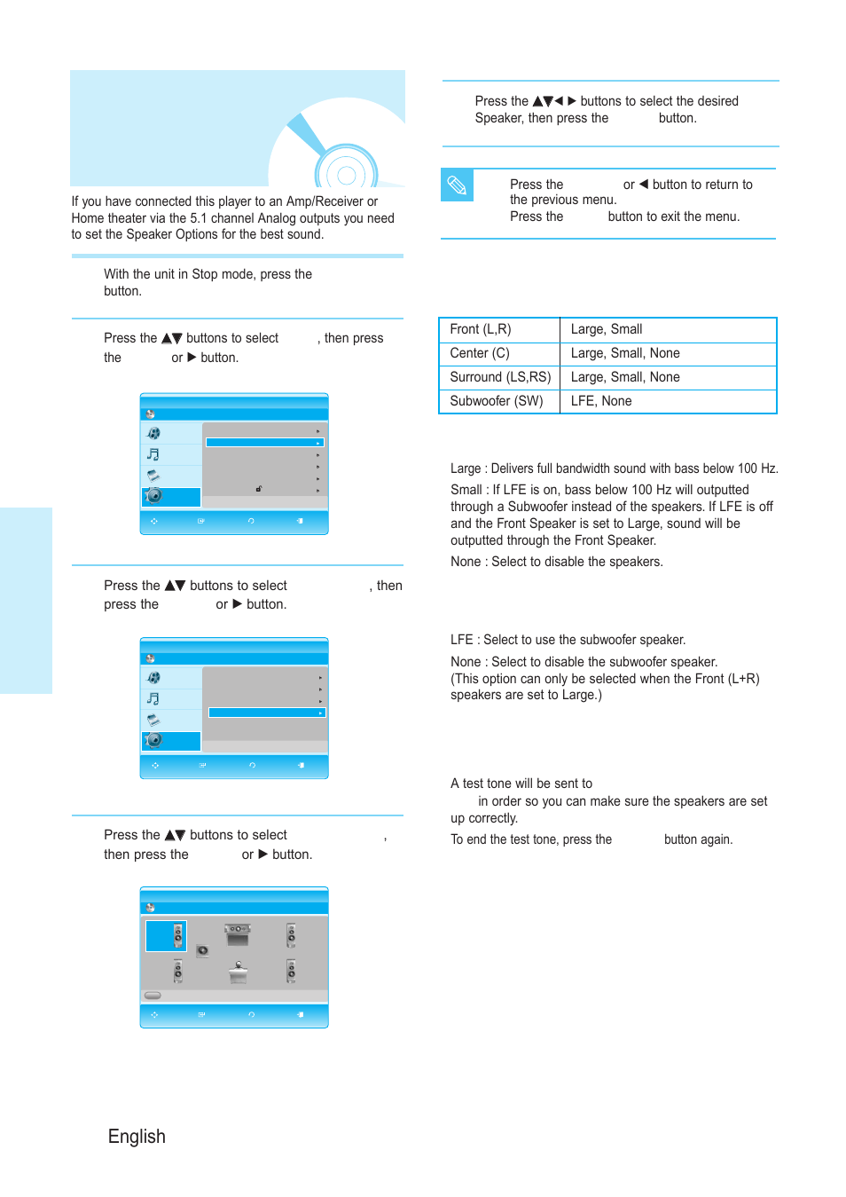 Setting up the speakeroptions, Setting up the speaker options, System setup | 40 - english | Samsung BD-P1200-XAA User Manual | Page 41 / 56