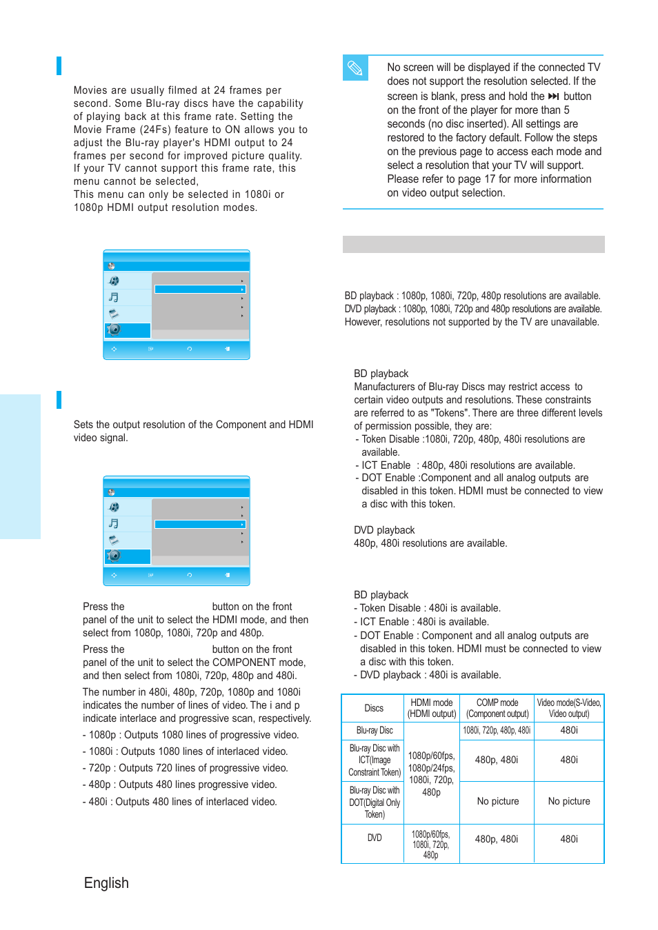 System setup, 42 - english, Movie frame (24 fs) | Resolution, Resolution according to the output mode | Samsung BD-P1200-XAA User Manual | Page 43 / 56