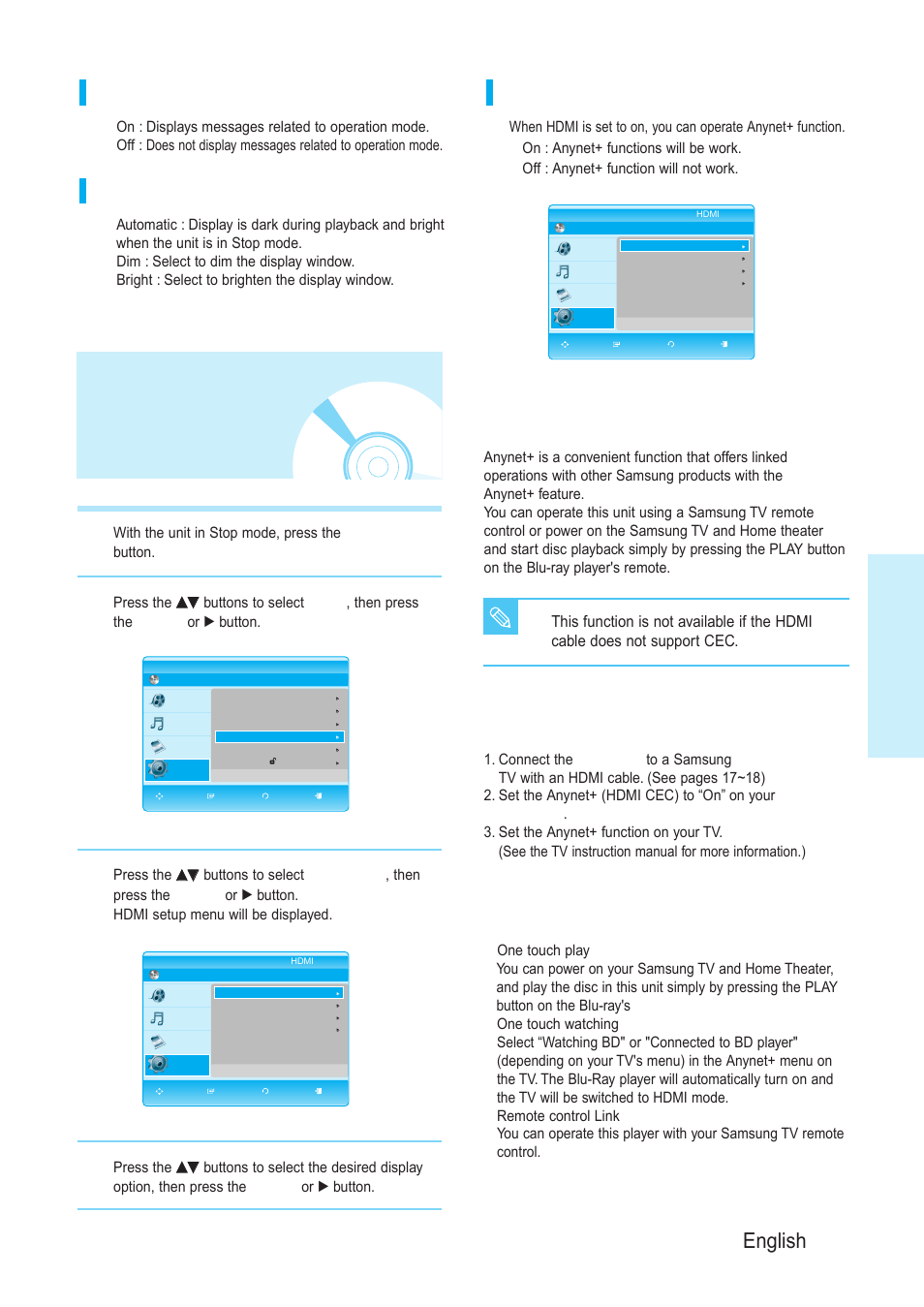 Setting up the hdmisetup options, Setting up the hdmi setup options, System setup | English - 43, Screen message, Front display, Anynet+ (hdmi-cec), What is anynet, Anynet+ functions | Samsung BD-P1200-XAA User Manual | Page 44 / 56