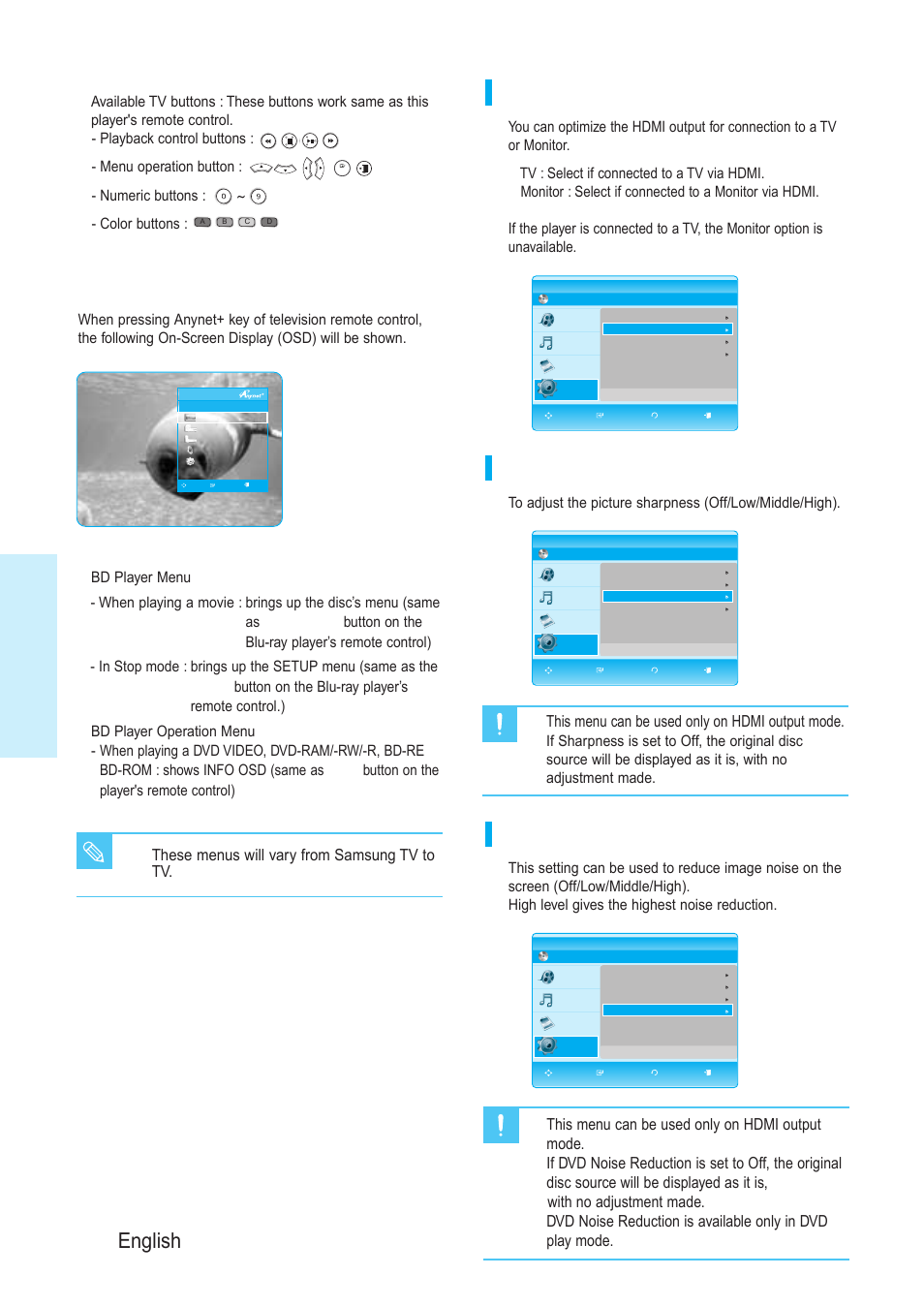 System setup, 44 - english, Format | Sharpness, Dvd noise reduction, Tv anynet+ menu, This menu can be used only on hdmi output mode, These menus will vary from samsung tv to tv | Samsung BD-P1200-XAA User Manual | Page 45 / 56