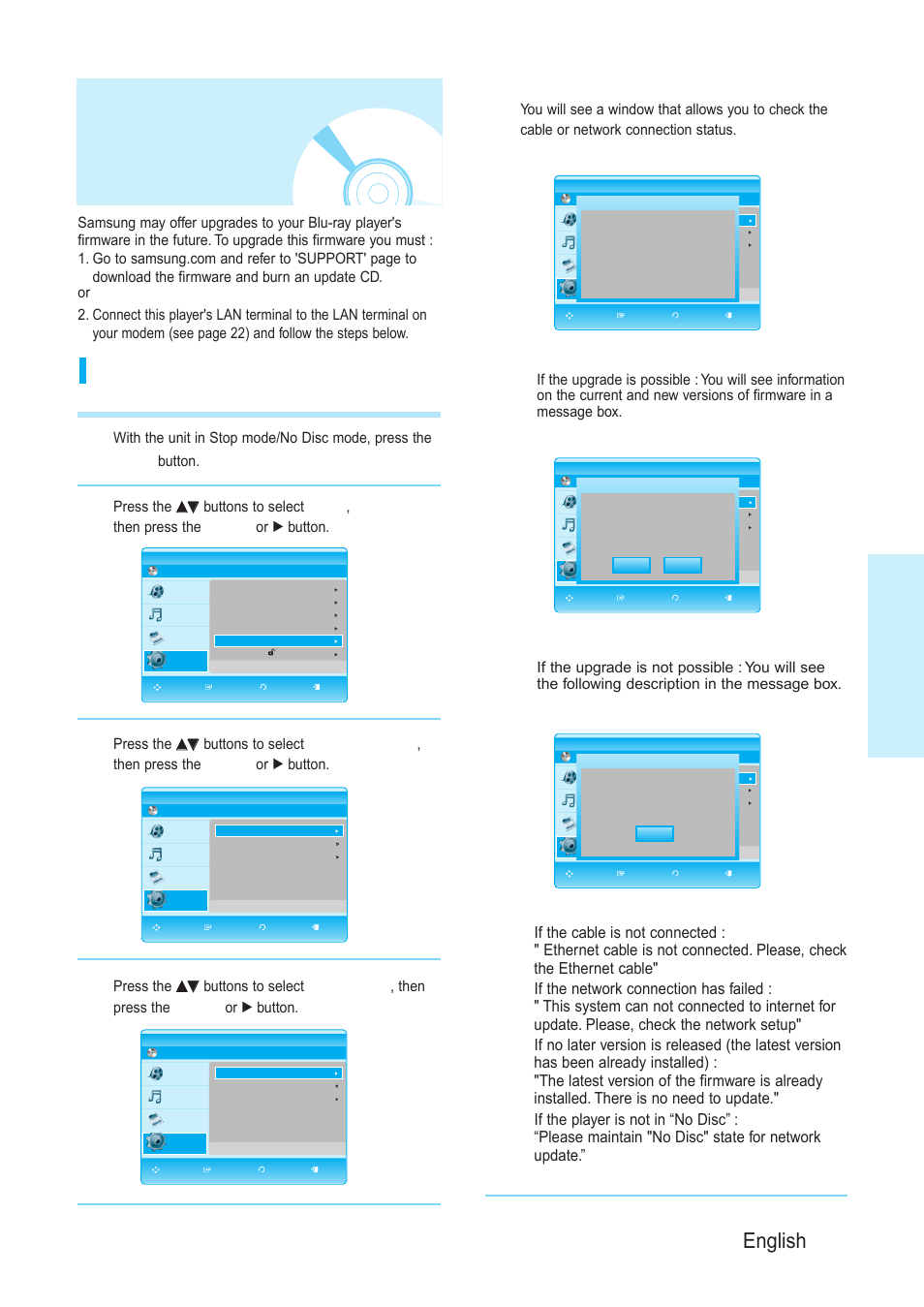 Setting up the systemupgrade, Setting up the system upgrade, System setup | English - 45, Firmware upgrade, Press the | Samsung BD-P1200-XAA User Manual | Page 46 / 56