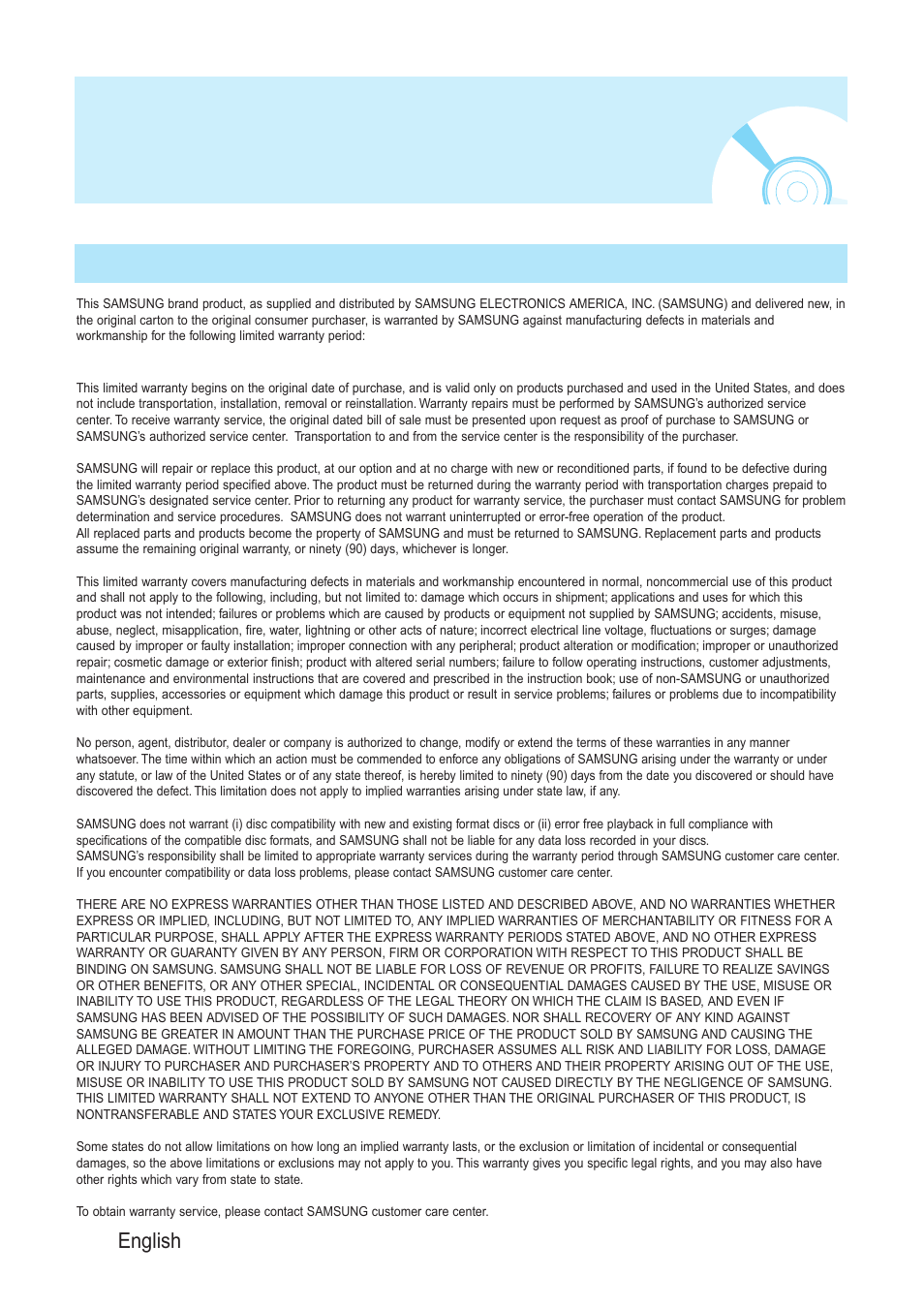 Warranty (for usa users only), 54 - english, Limited warranty to original purchaser | Samsung BD-P1200-XAA User Manual | Page 55 / 56