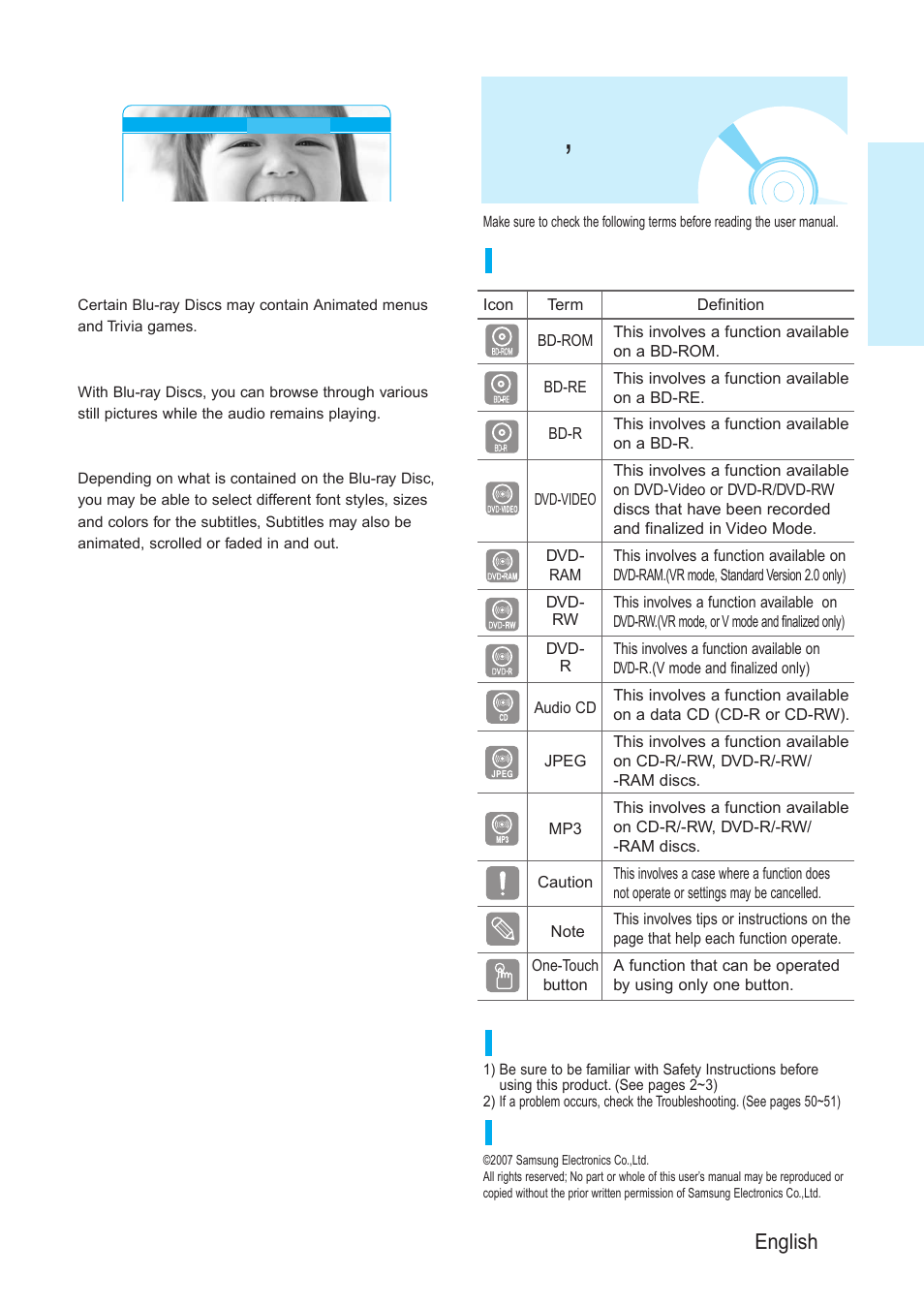 Before reading theuser’s manual, Before reading the user ’ s manual, Getting started | English - 5, Icons that will be used in manual, Copyright about the use of this user’s manual | Samsung BD-P1200-XAA User Manual | Page 6 / 56