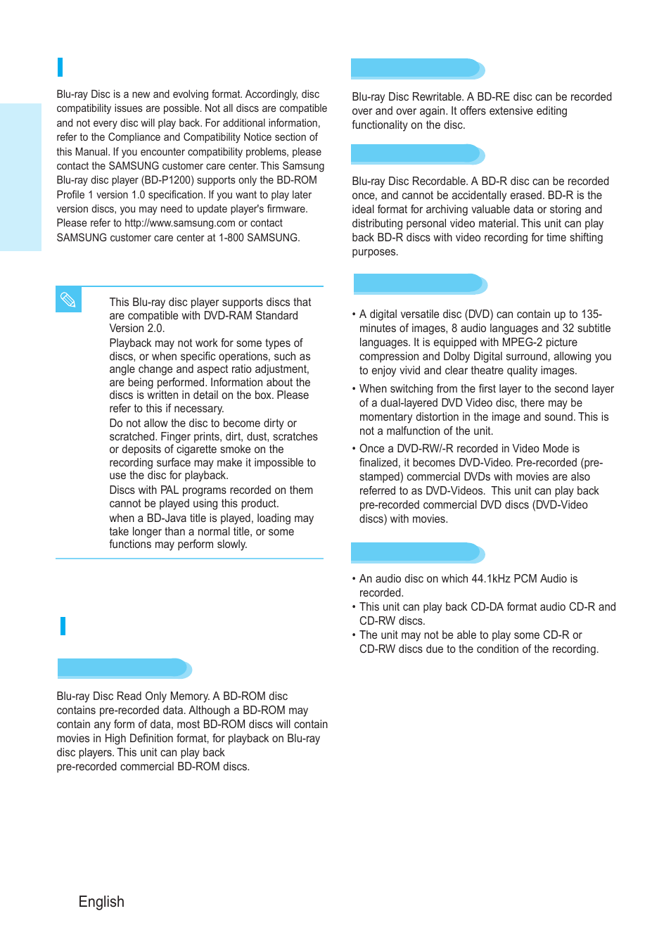 Blu-ray disc compatibility, Disc types, Getting started | 8 - english | Samsung BD-P1200-XAA User Manual | Page 9 / 56