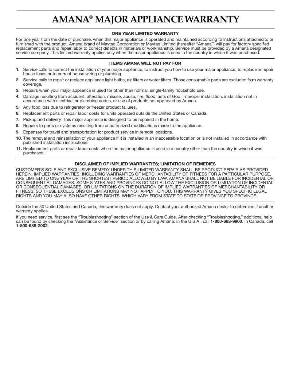 Amana, Major appliance warranty | Amana ND-68 User Manual | Page 12 / 24
