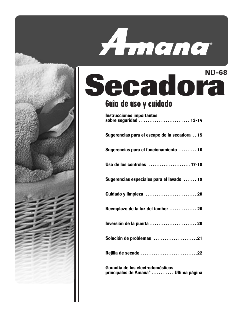 Secadora, Guía de uso y cuidado | Amana ND-68 User Manual | Page 13 / 24