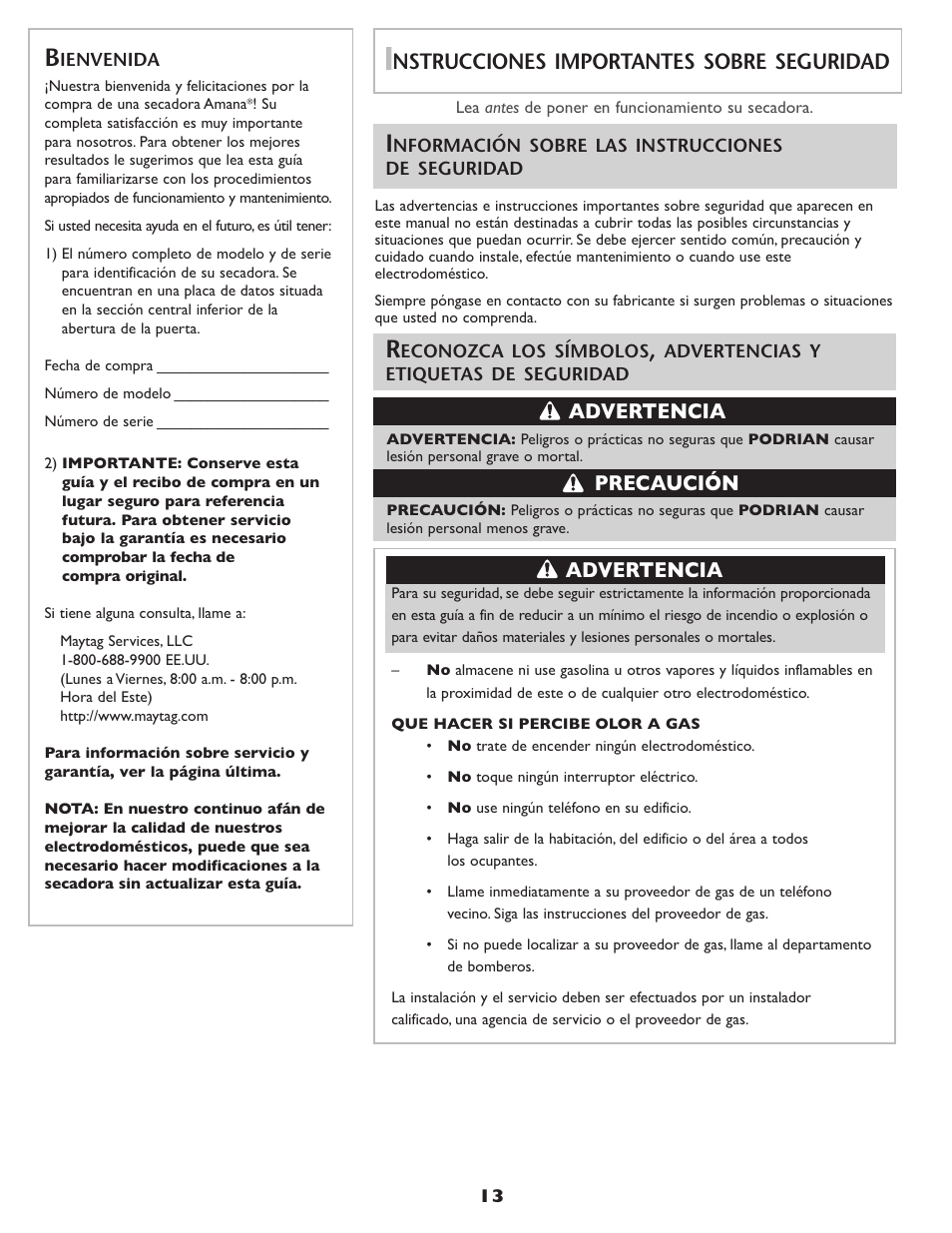 Nstrucciones importantes sobre seguridad, Advertencia, Precaución advertencia | Amana ND-68 User Manual | Page 14 / 24
