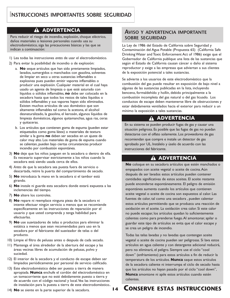 Onserve estas instrucciones, Nstrucciones importantes sobre seguridad, Advertencia | Amana ND-68 User Manual | Page 15 / 24