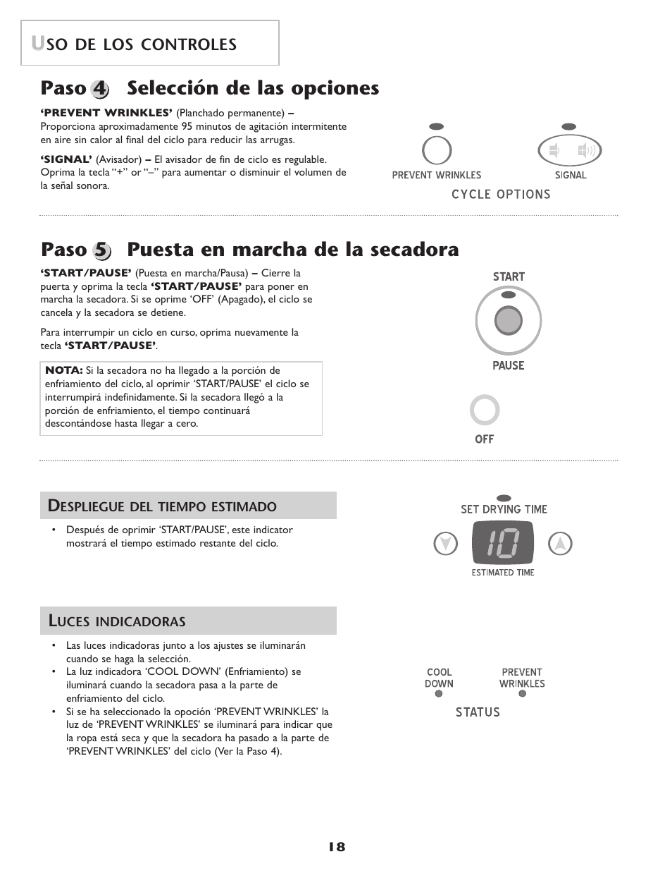 Paso 5 puesta en marcha de la secadora, Paso 4 selección de las opciones, So de los controles | Amana ND-68 User Manual | Page 19 / 24