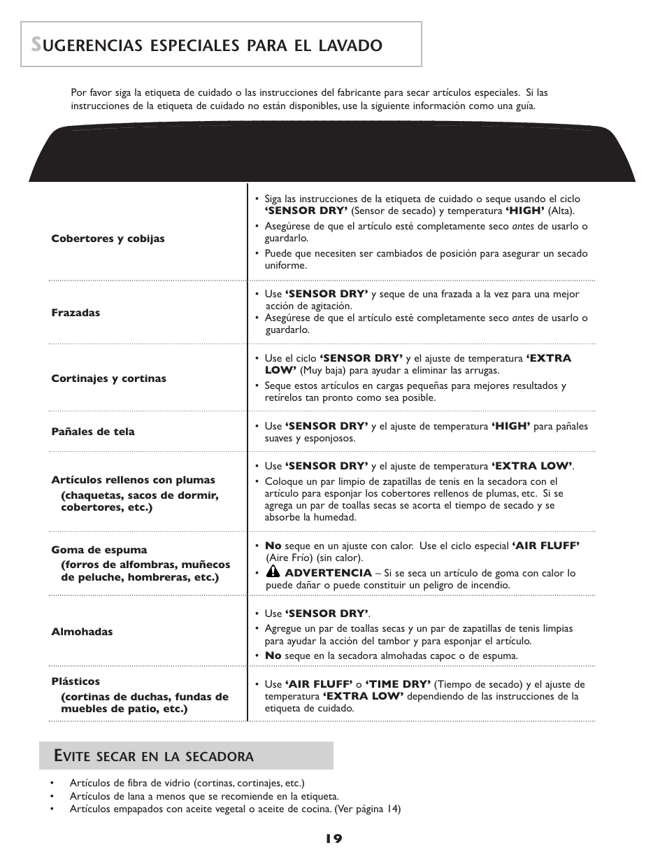 Ugerencias especiales para el lavado | Amana ND-68 User Manual | Page 20 / 24