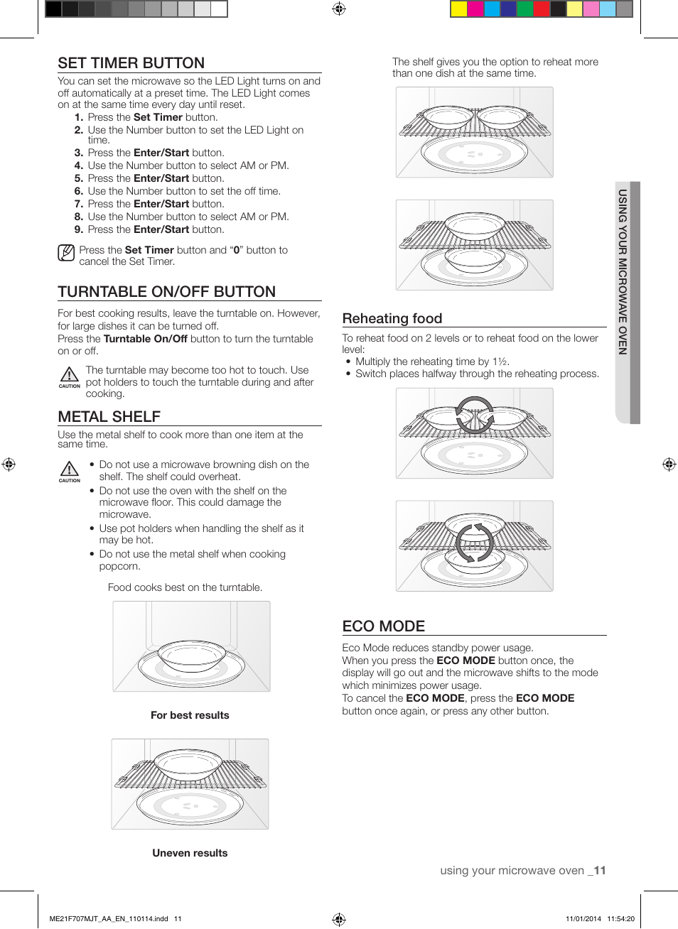 Set timer button, Turntable on/off button, Metal shelf | Eco mode, Reheating food | Samsung ME21F707MJT-AA User Manual | Page 11 / 52