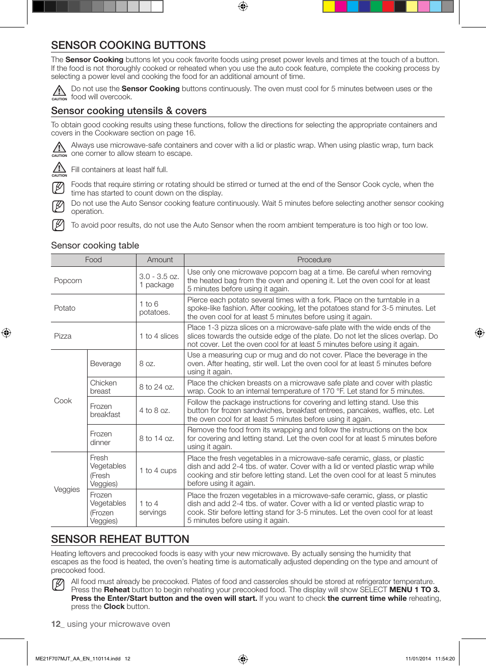 Sensor cooking buttons, Sensor reheat button, Sensor cooking utensils & covers | Sensor cooking table | Samsung ME21F707MJT-AA User Manual | Page 12 / 52