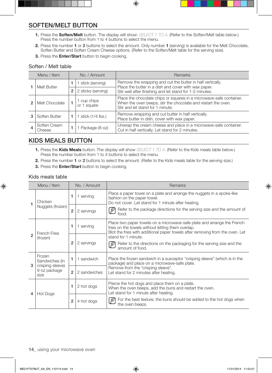 Soften/melt button, Kids meals button, Soften / melt table | Kids meals table | Samsung ME21F707MJT-AA User Manual | Page 14 / 52