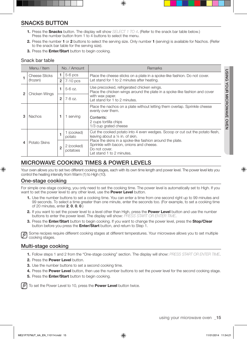 Snacks button, Microwave cooking times & power levels, One-stage cooking | Multi-stage cooking, Snack bar table | Samsung ME21F707MJT-AA User Manual | Page 15 / 52