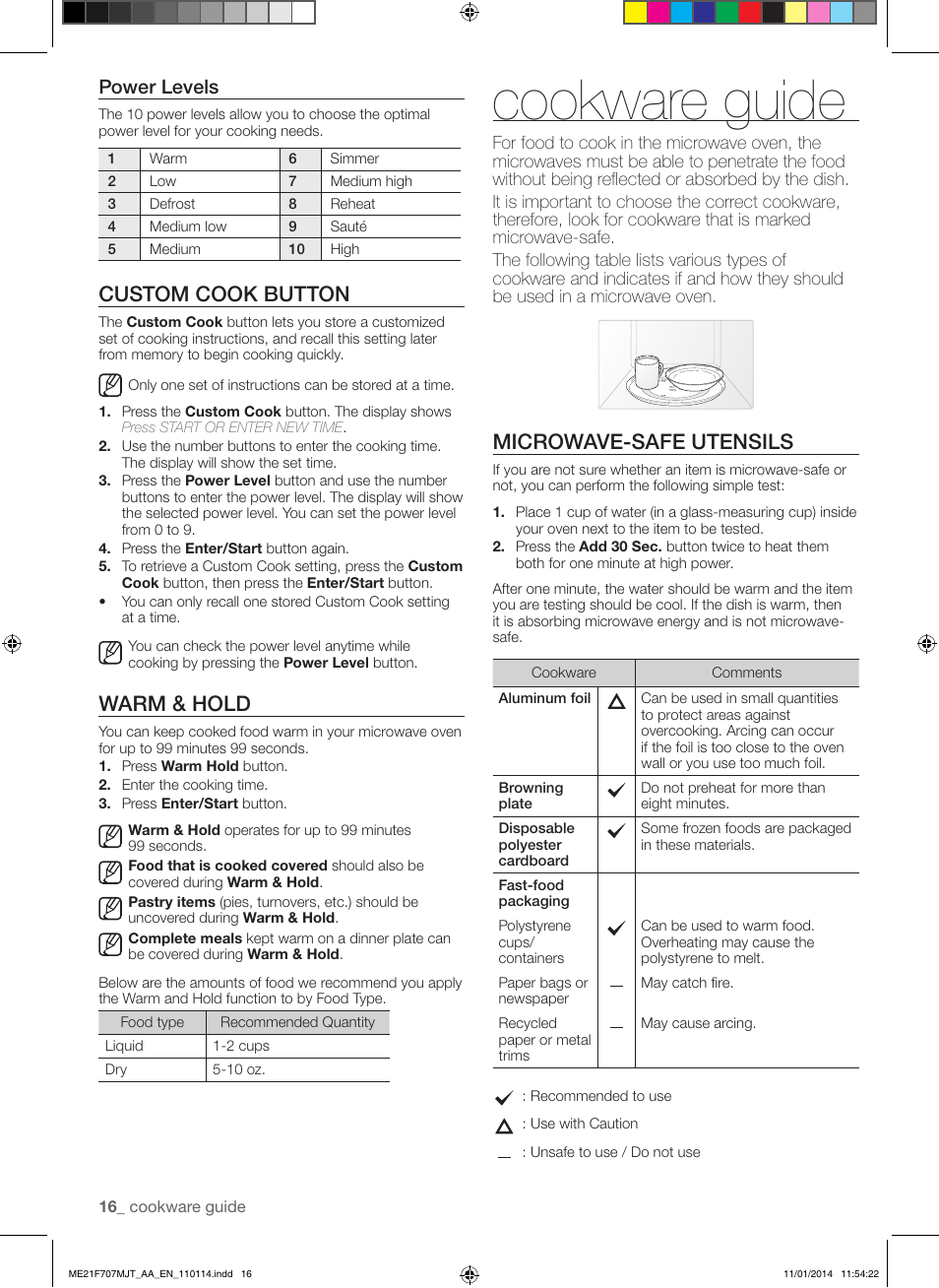 Cookware guide, Custom cook button, Warm & hold | Microwave-safe utensils, Power levels | Samsung ME21F707MJT-AA User Manual | Page 16 / 52