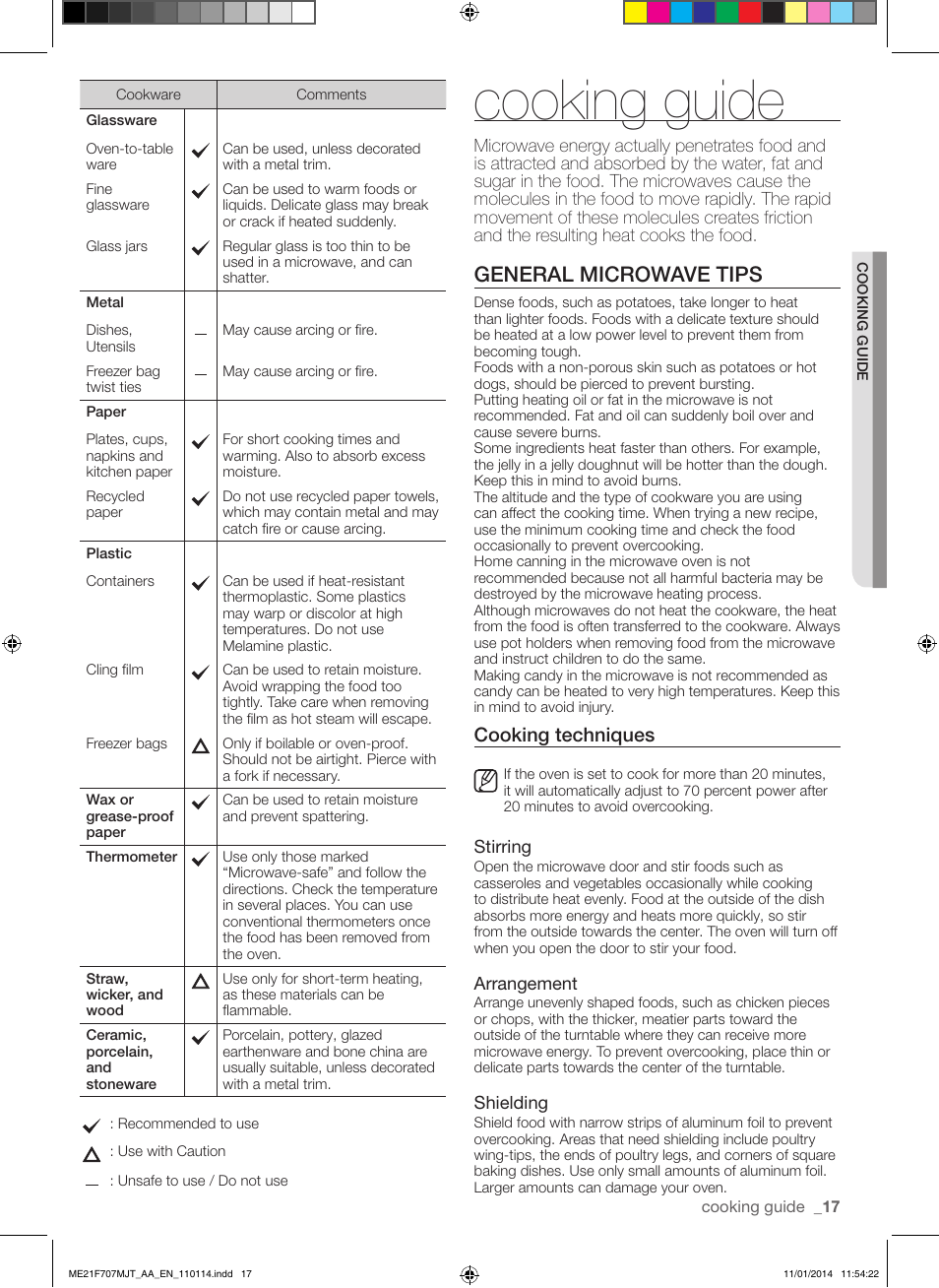 Cooking guide, General microwave tips, Cooking techniques | Samsung ME21F707MJT-AA User Manual | Page 17 / 52