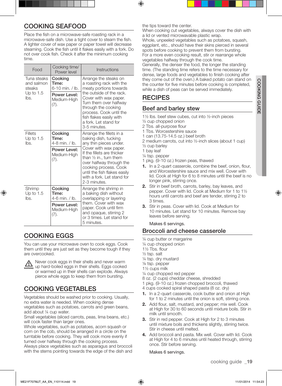 Cooking seafood, Cooking eggs, Cooking vegetables | Recipes, Beef and barley stew, Broccoli and cheese casserole | Samsung ME21F707MJT-AA User Manual | Page 19 / 52