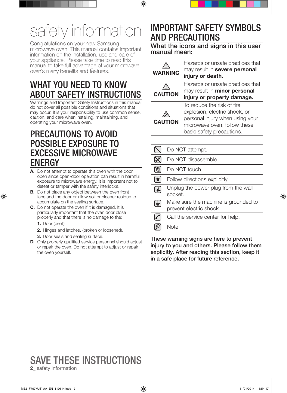 Safety information, Save these instructions, Important safety symbols and precautions | What you need to know about safety instructions | Samsung ME21F707MJT-AA User Manual | Page 2 / 52