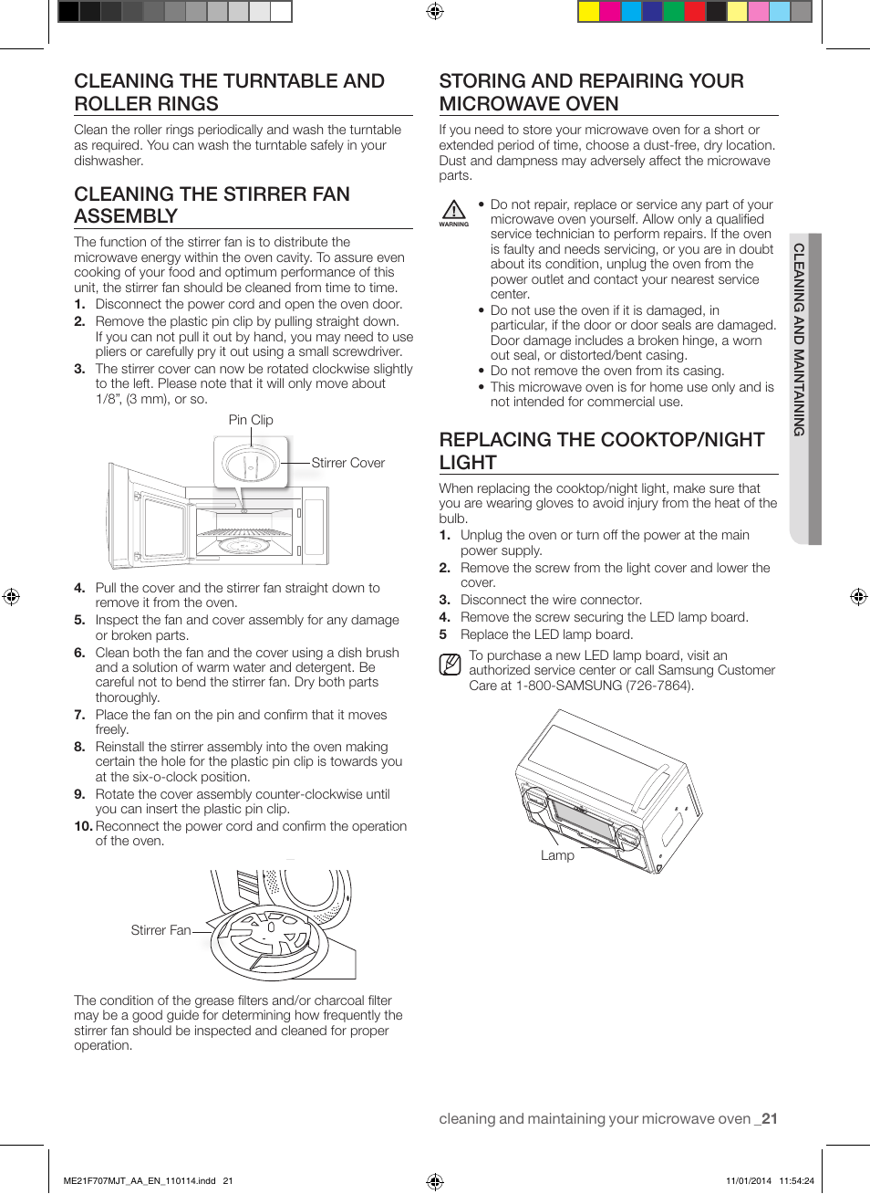 Cleaning the turntable and roller rings, Cleaning the stirrer fan assembly, Storing and repairing your microwave oven | Replacing the cooktop/night light | Samsung ME21F707MJT-AA User Manual | Page 21 / 52