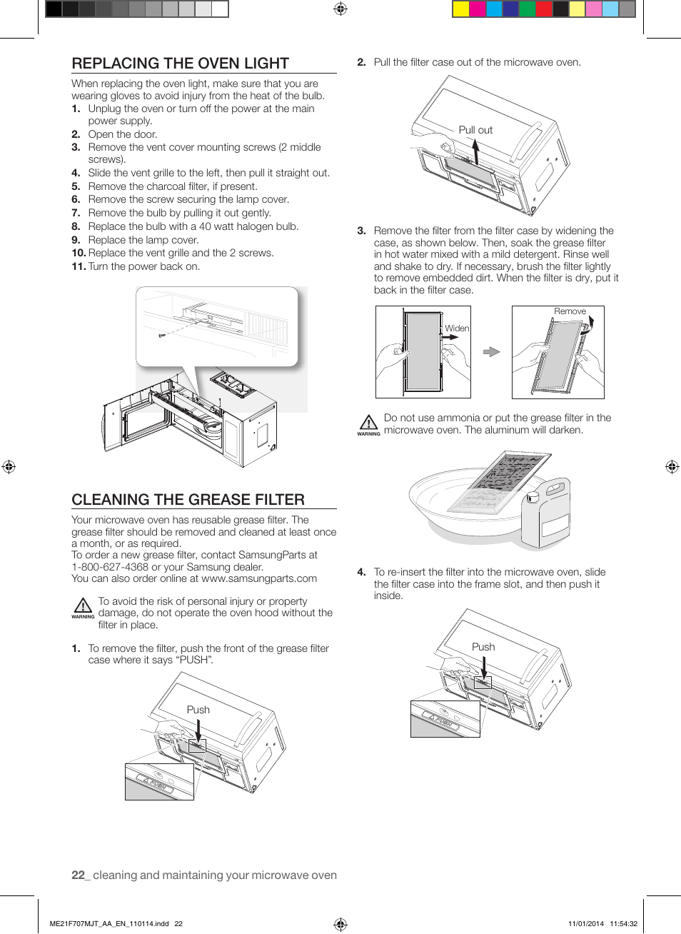 Replacing the oven light, Cleaning the grease filter | Samsung ME21F707MJT-AA User Manual | Page 22 / 52