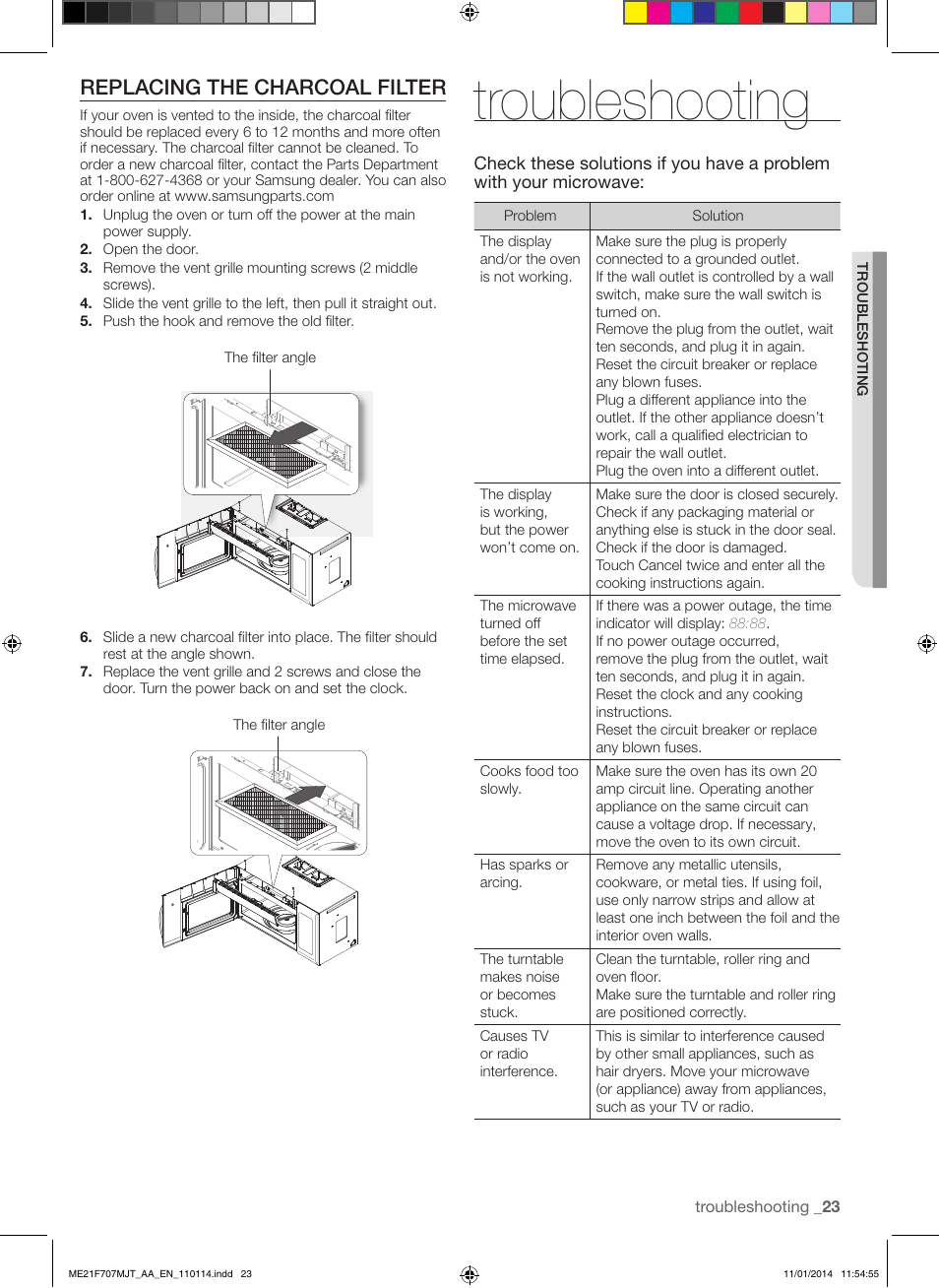 Troubleshooting, Replacing the charcoal filter | Samsung ME21F707MJT-AA User Manual | Page 23 / 52