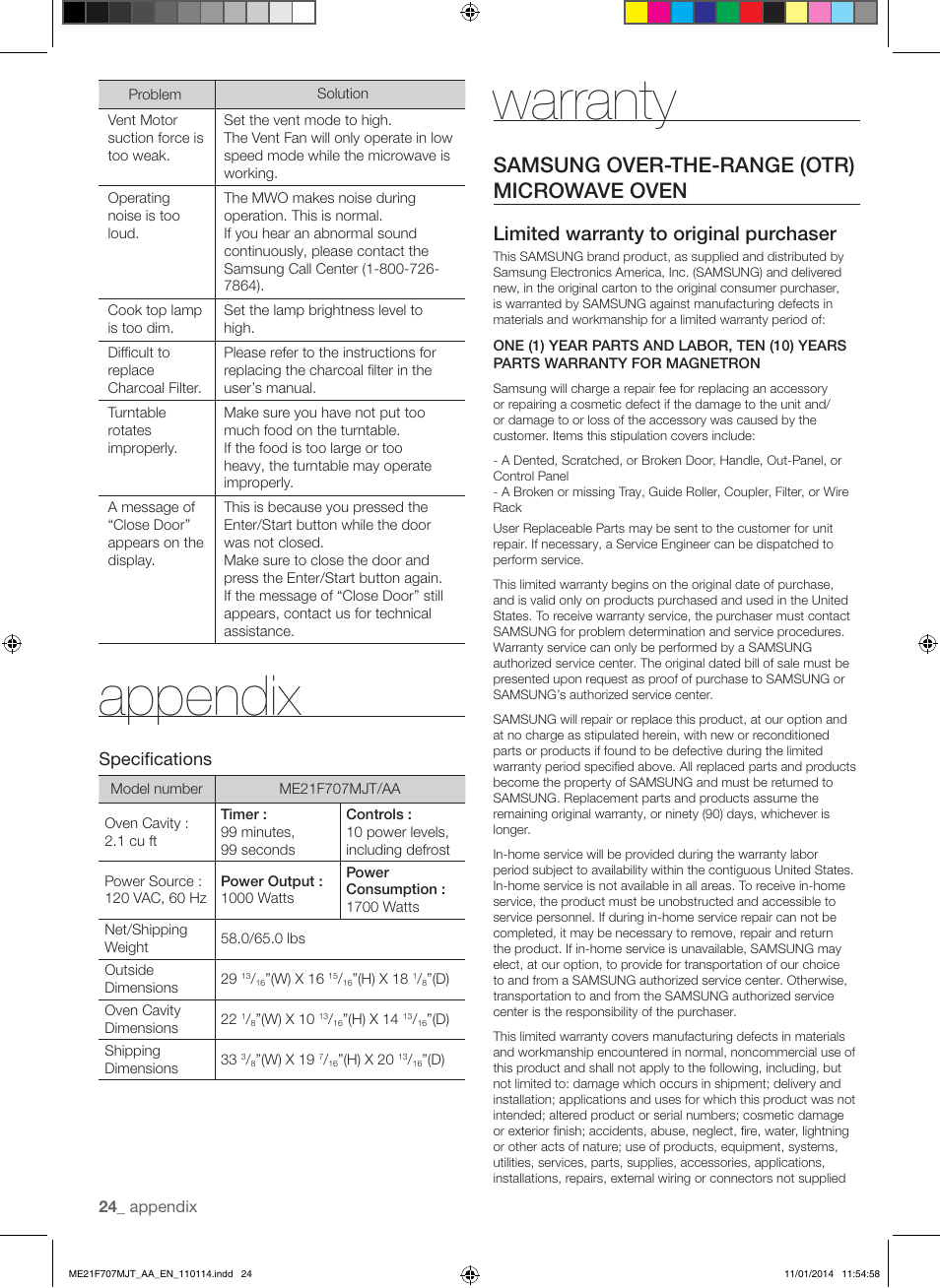 Appendix, Warranty, Samsung over-the-range (otr) microwave oven | Limited warranty to original purchaser, Specifications | Samsung ME21F707MJT-AA User Manual | Page 24 / 52