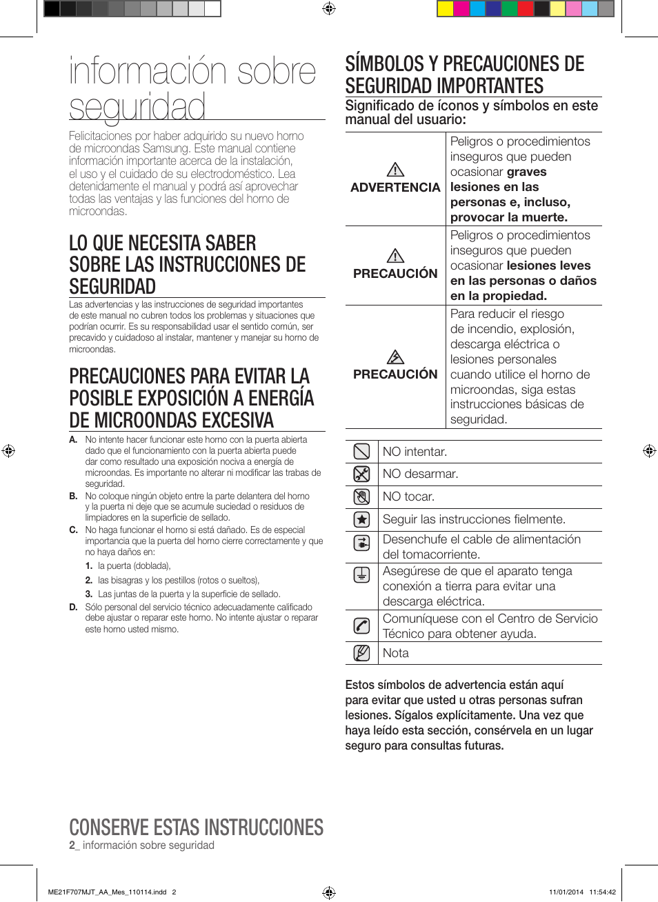 Información sobre seguridad, Conserve estas instrucciones, Símbolos y precauciones de seguridad importantes | Samsung ME21F707MJT-AA User Manual | Page 28 / 52