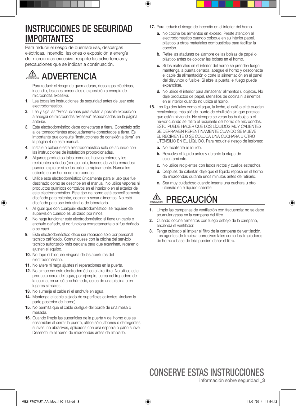 Conserve estas instrucciones, Instrucciones de seguridad importantes, Advertencia | Precaución | Samsung ME21F707MJT-AA User Manual | Page 29 / 52