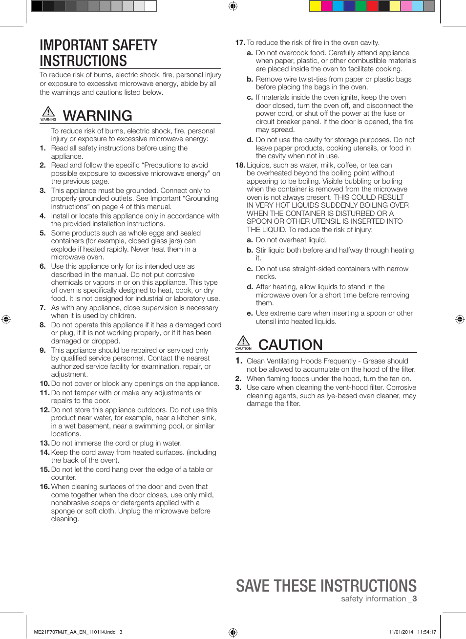 Save these instructions, Important safety instructions, Warning | Caution | Samsung ME21F707MJT-AA User Manual | Page 3 / 52