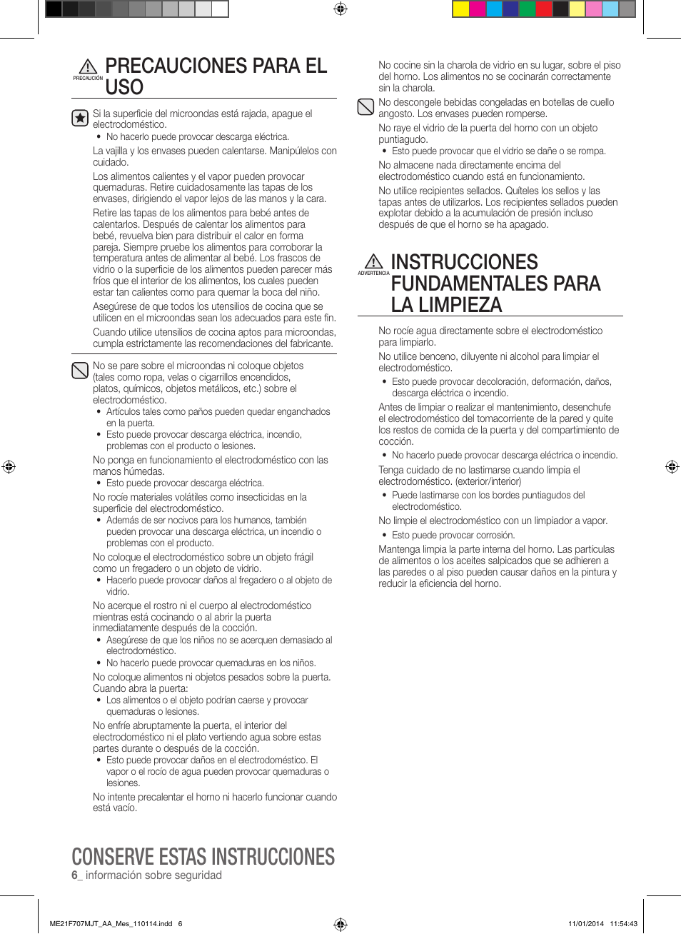 Conserve estas instrucciones, Precauciones para el uso, Instrucciones fundamentales para la limpieza | Samsung ME21F707MJT-AA User Manual | Page 32 / 52