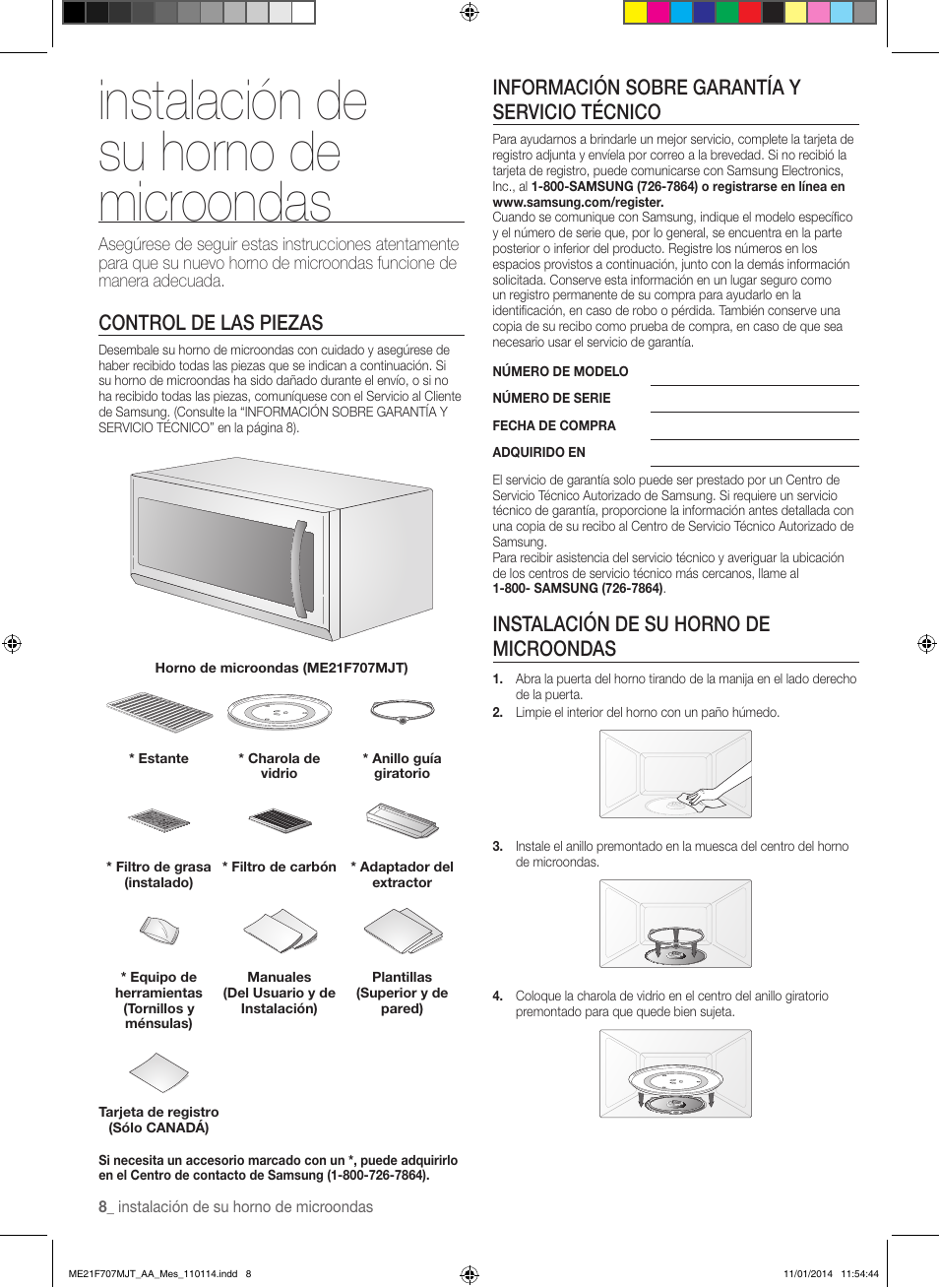 Instalación de su horno de microondas, Control de las piezas, Información sobre garantía y servicio técnico | Samsung ME21F707MJT-AA User Manual | Page 34 / 52