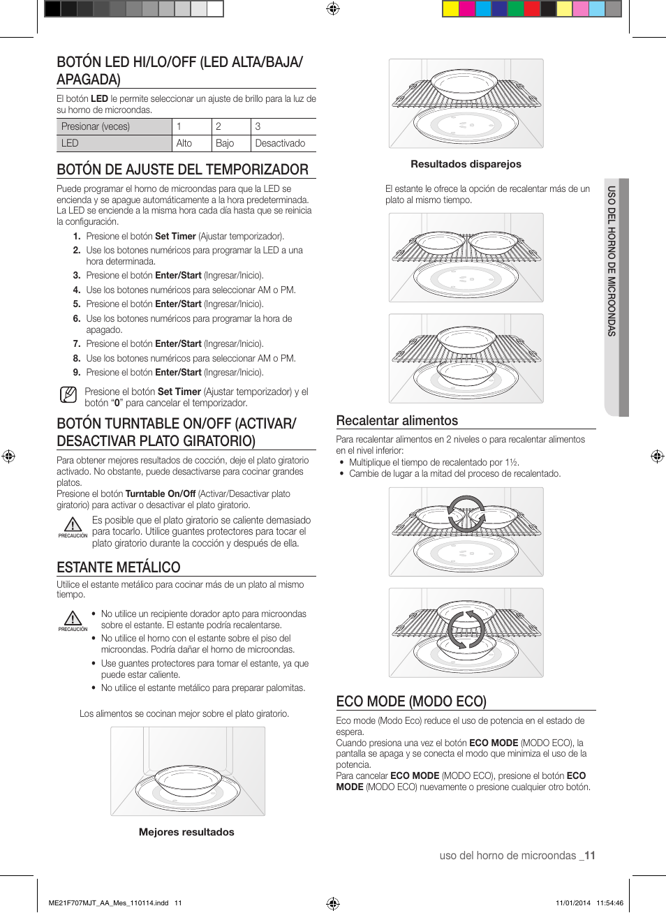 Botón led hi/lo/off (led alta/baja/ apagada), Botón de ajuste del temporizador, Estante metálico | Eco mode (modo eco), Recalentar alimentos | Samsung ME21F707MJT-AA User Manual | Page 37 / 52