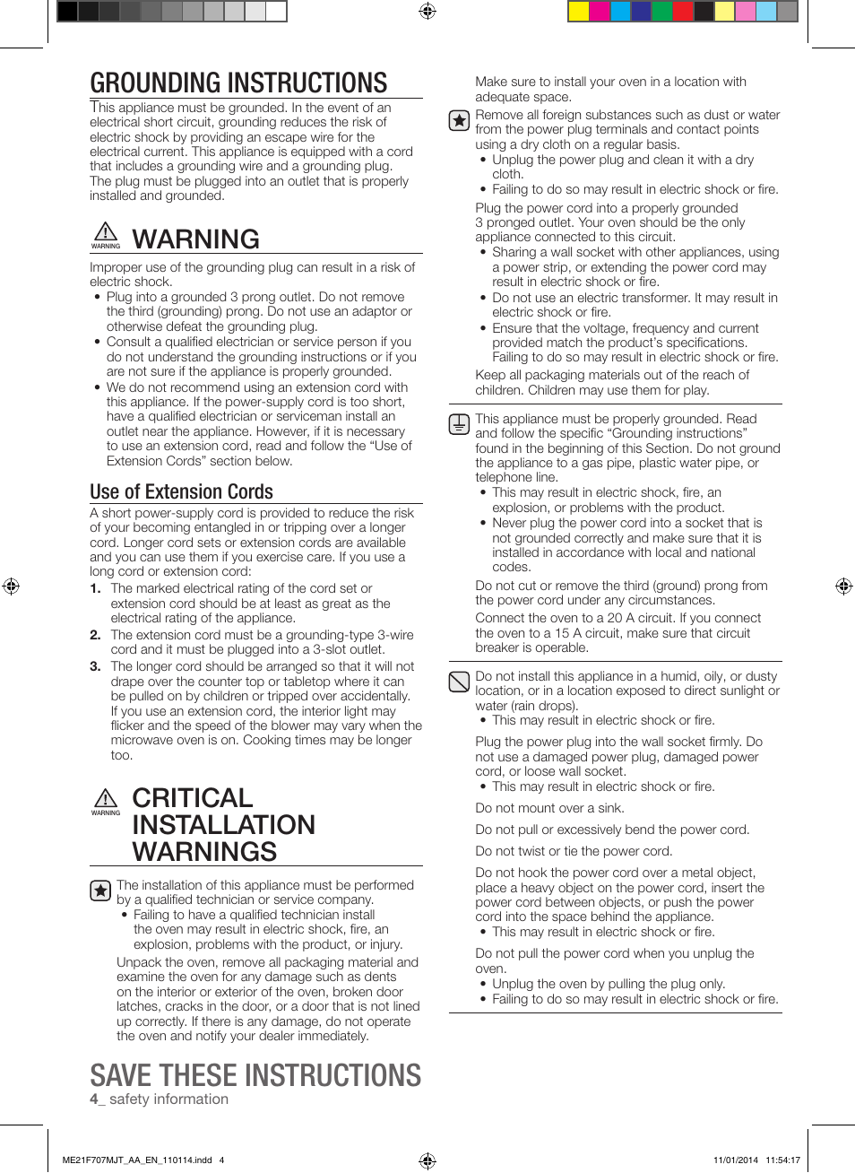 Save these instructions, Grounding instructions, Warning | Critical installation warnings, Use of extension cords | Samsung ME21F707MJT-AA User Manual | Page 4 / 52