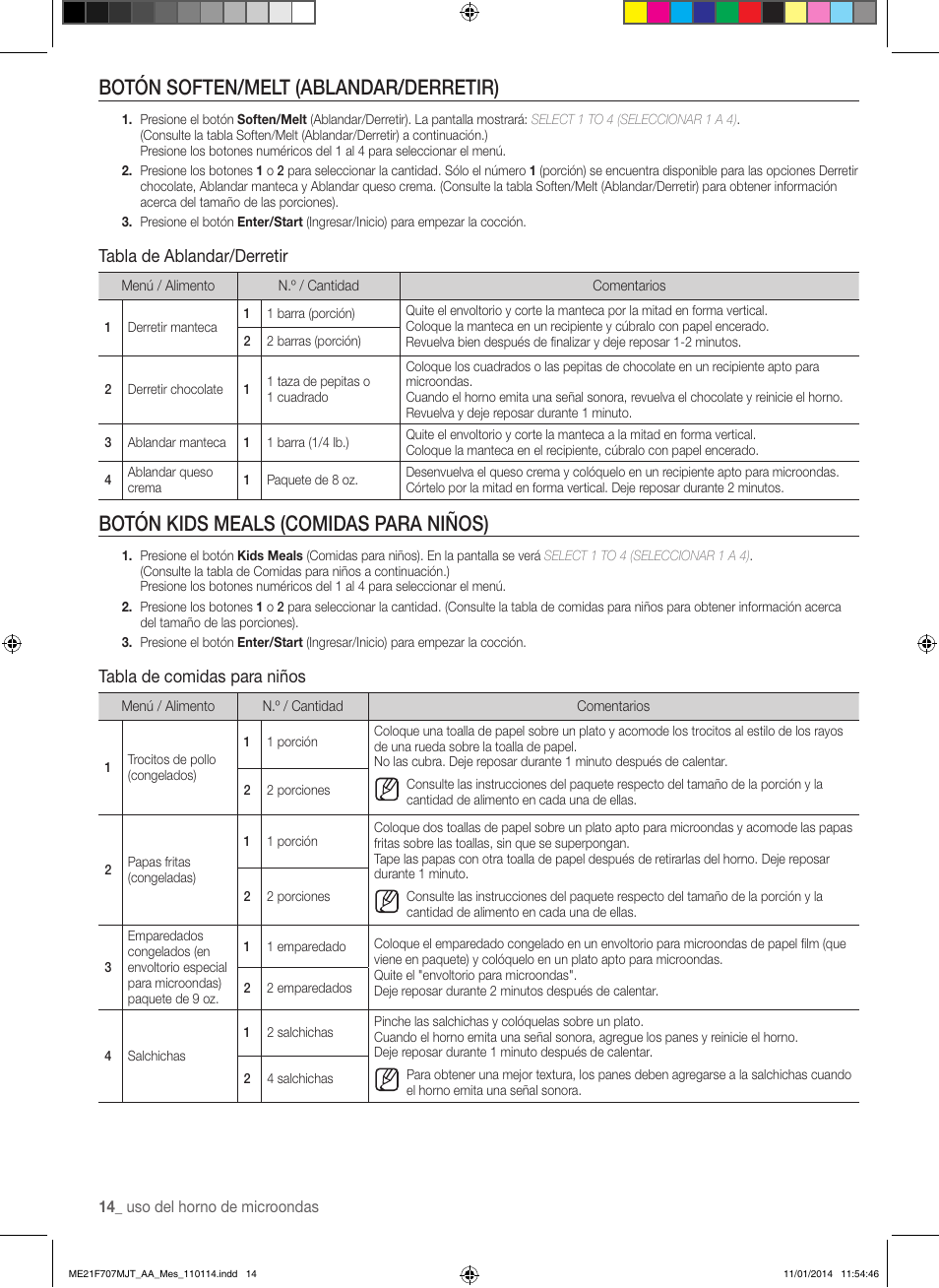 Botón soften/melt (ablandar/derretir), Botón kids meals (comidas para niños), Tabla de ablandar/derretir | Tabla de comidas para niños | Samsung ME21F707MJT-AA User Manual | Page 40 / 52