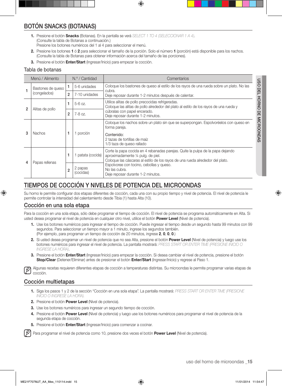 Botón snacks (botanas), Cocción en una sola etapa, Cocción multietapas | Tabla de botanas | Samsung ME21F707MJT-AA User Manual | Page 41 / 52