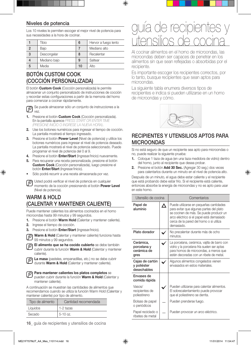 Guía de recipientes y utensilios de cocina, Recipientes y utensilios aptos para microondas, Botón custom cook (cocción personalizada) | Warm & hold (calentar y mantener caliente), Niveles de potencia | Samsung ME21F707MJT-AA User Manual | Page 42 / 52