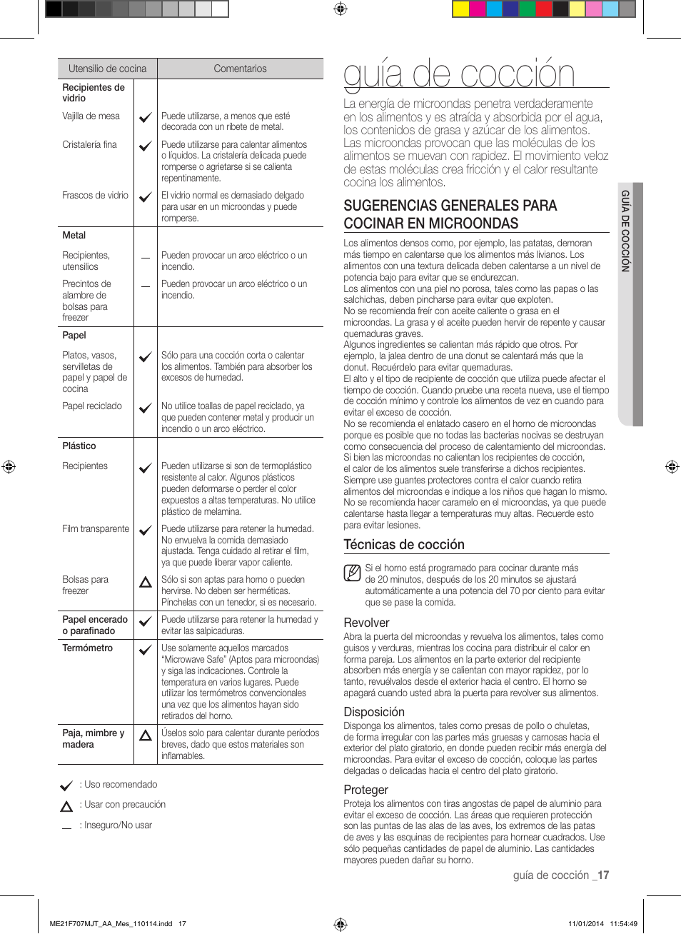 Guía de cocción, Sugerencias generales para cocinar en microondas, Técnicas de cocción | Samsung ME21F707MJT-AA User Manual | Page 43 / 52