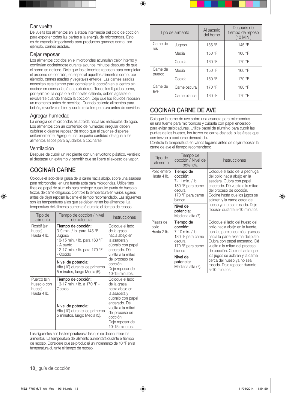 Cocinar carne de ave, Cocinar carne, Dar vuelta | Dejar reposar, Agregar humedad, Ventilación | Samsung ME21F707MJT-AA User Manual | Page 44 / 52