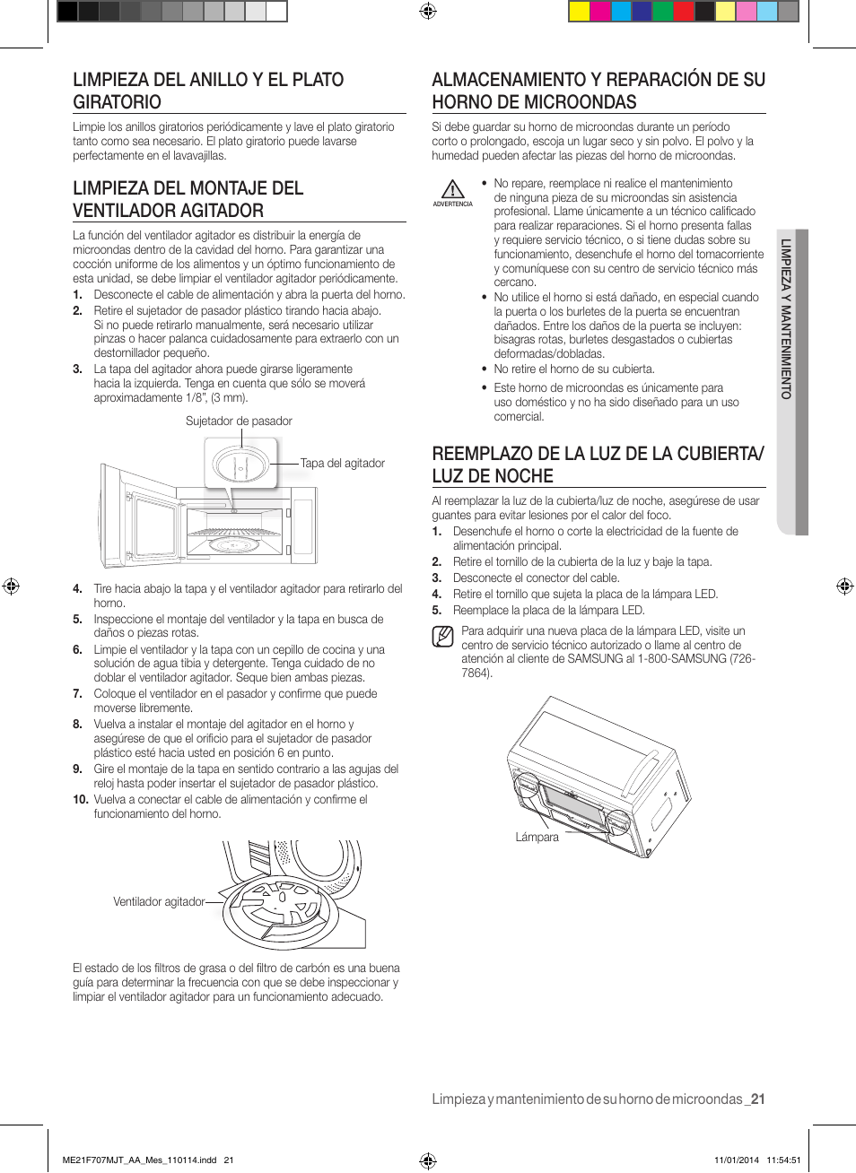 Reemplazo de la luz de la cubierta/ luz de noche, Limpieza del anillo y el plato giratorio, Limpieza del montaje del ventilador agitador | Samsung ME21F707MJT-AA User Manual | Page 47 / 52