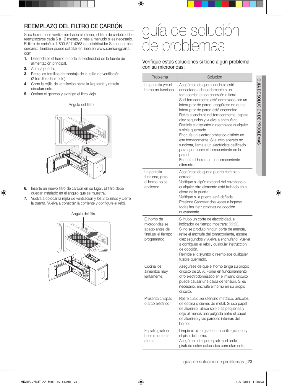 Guía de solución de problemas, Reemplazo del filtro de carbón | Samsung ME21F707MJT-AA User Manual | Page 49 / 52