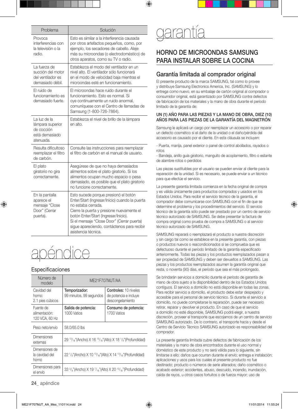 Apéndice, Garantía, Garantía limitada al comprador original | Especificaciones | Samsung ME21F707MJT-AA User Manual | Page 50 / 52