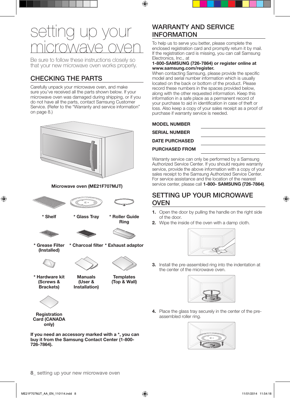 Setting up your microwave oven, Checking the parts, Warranty and service information | Samsung ME21F707MJT-AA User Manual | Page 8 / 52