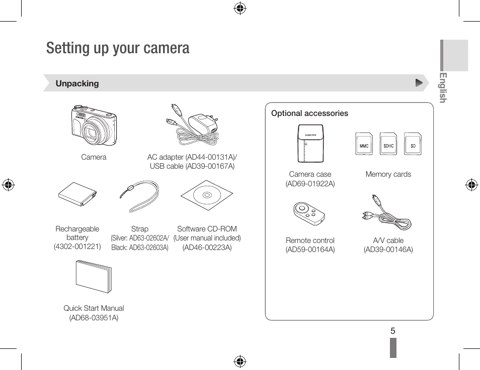 Setting up your camera | Samsung EC-HZ10WBBP-US User Manual | Page 5 / 22