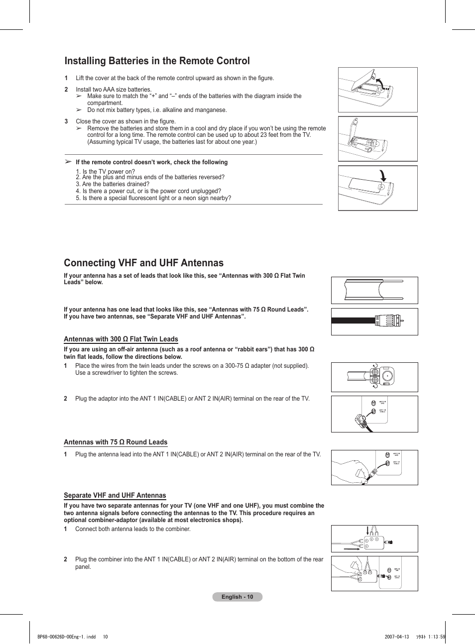 Installing batteries in the remote control, Connection, Connecting vhf and uhf antennas | Samsung HLT5055WX-XAA User Manual | Page 10 / 68