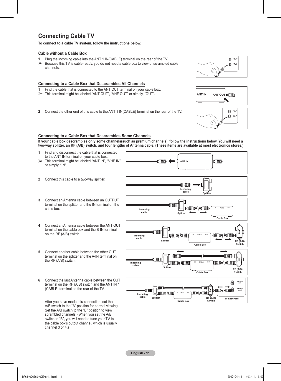Connecting cable tv | Samsung HLT5055WX-XAA User Manual | Page 11 / 68