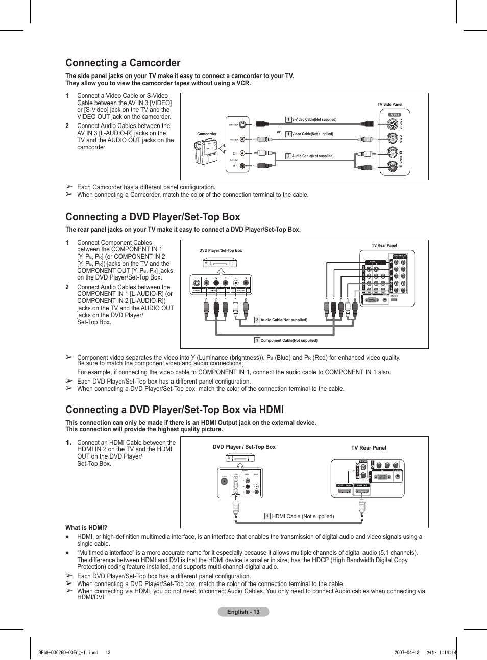 Connecting a camcorder, Connecting a dvd player/set-top box, Connecting a dvd player/set-top box via hdmi | Samsung HLT5055WX-XAA User Manual | Page 13 / 68
